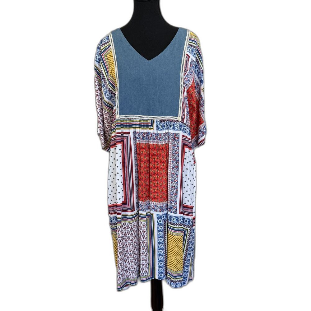 The Vermont Country Store Patchwork A-Line Dress Size M Cotton Short Sleeve